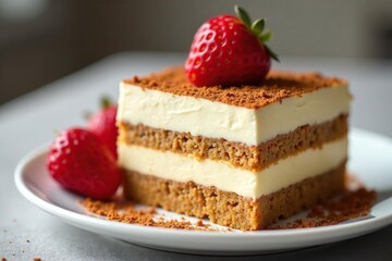 Close-up of individual tiramisu portion, showcasing texture and layers , ingredient, dessert