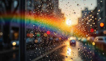 Rainbow through rainy window with city lights at sunset