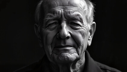Elderly man with wrinkled face in black and white portrait