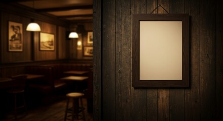 Empty Frame on Rustic Wooden Wall in Cozy Pub - Irish Pub Decor old bar design texture vintage      