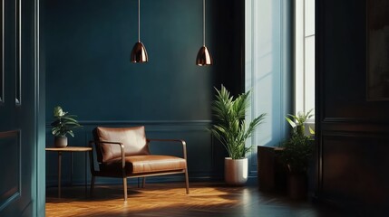 Sunlit Corner, Leather Chair, Dark Walls, Plants, Interior Design