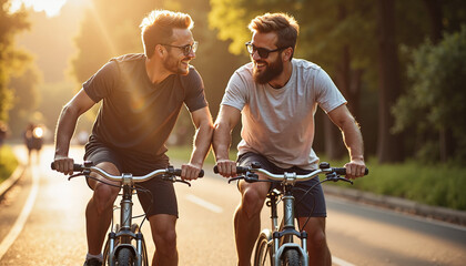 Obraz premium Two men smiling while cycling together at sunset