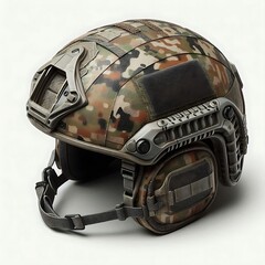Camouflage Military Helmet: Tactical Gear Close-Up, Detailed Protection Design, Isolated on White   