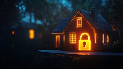 Night house security glowing padlock