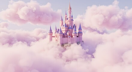 Naklejka premium A majestic pink castle floats gracefully among soft, pastel-colored clouds in the sky.