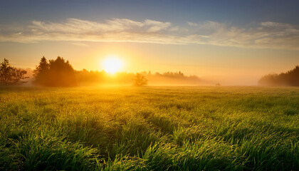 golden sunrise over a misty field with lush green grasses generative ai