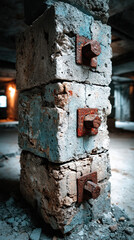Stacked rusted concrete pillar closeup