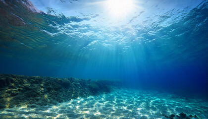 Fototapeta premium underwater background in clear blue ocean with sunbeams