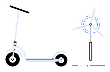 Minimalist scooter and wind turbine representing clean energy and sustainability. Ideal for green technology, renewable energy, eco-mobility, innovation, environment, sustainability, simple landing