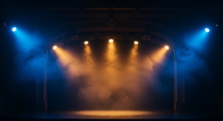 Regal Sapphire Stage: Amber Spotlight Illuminates Mystical Blue Smoke show event effect design vector
