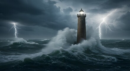 A dramatic scene of a lighthouse amid a violent storm at sea with lightning strikes. © phj.domingos