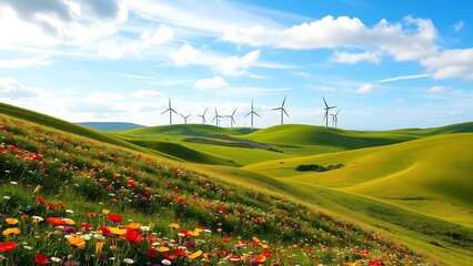 Vibrant Rolling Hills, Blooming Flowers, Wind Turbines Under a Bright Sky green field rural power   