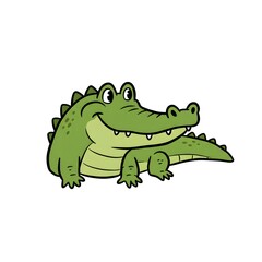 Cartoon illustration of a smiling green alligator with black outline on a white background