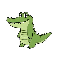 Cartoon illustration of a smiling green alligator standing on a white background looking forward