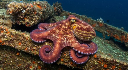 Vibrant Octopus on Weathered Shipwreck: An Underwater Tapestry of Color and Intrigue, Perfect for   