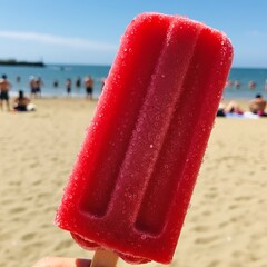 Summer Beach Bliss: Frosty Strawberry Popsicle Delight red food cool sweet water ocean fruit juicy  