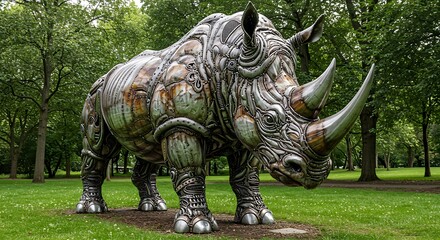 Metal Rhino Sculpture: Intricate Details, Dynamic Pose. A vibrant, artistic masterpiece showcasing  