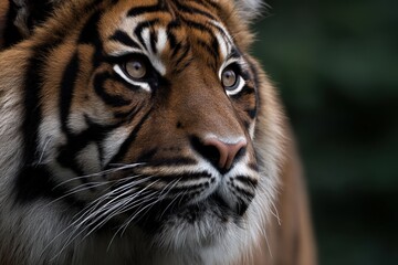 Fototapeta premium Closeup of tiger face with intense expression and detailed fur pattern against soft background showcasing raw power elegance and apex predator presence in wild nature habitat