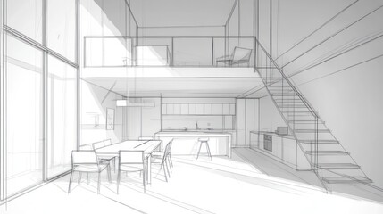 Modern loft apartment architectural sketch, open plan kitchen and dining area, sunlight streaming through large windows, ideal for real estate or architectural design