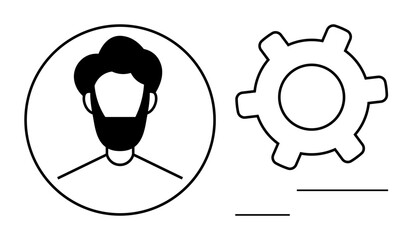 Minimalist user avatar within a circular frame alongside a gear icon, symbolizing account settings, customization, or user preferences. Ideal for technology, apps, user interface, profile management