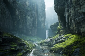 Misty mountain gorge with mossy rocks and waterfall