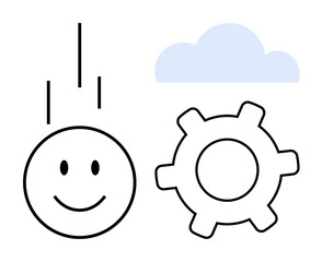 happy face below vertical lines, a cloud, and a gear representing collaboration, process, positivity, technology, creativity, innovation and teamwork. Ideal for progress automation and balance in