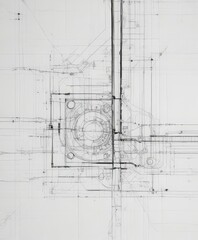 Abstract technical drawing effect, black lines on white, blueprint style, black, mechanical