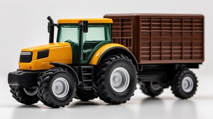 Obraz premium Agricultural tractor with brown cargo trailer shown in full view on white background representing rural transport farming logistics and mechanical equipment in isolated studio scene