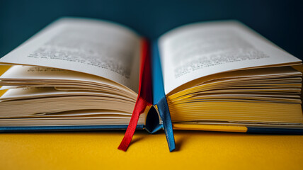 Open book with ribbons on a yellow surface, bathed in soft, diffused light, inviting exploration of knowledge and stories.