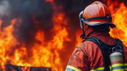 Brave Firefighter Facing Intense Blaze in Urban Setting During Emergency Rescue