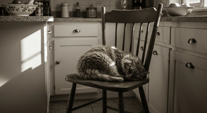 A fluffy cat sleeping peacefully on a wooden chair in a bright kitchen in black and white tones