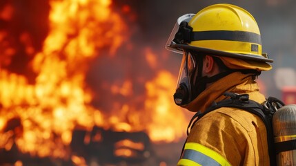 Fototapeta premium Courageous firefighter facing a fierce blaze in rescue operation scene