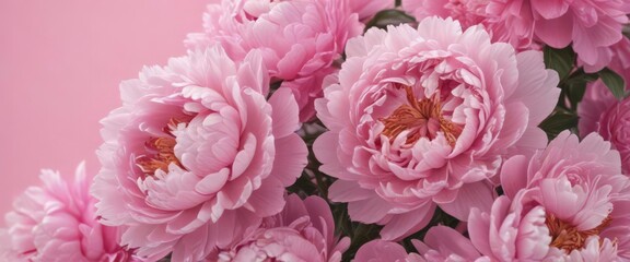 Obraz premium Dense cluster of pink peonies, soft pink backdrop , bloom, botanical, macro