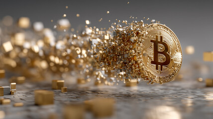 Golden coin dissolving into cubes representing digital transformation, innovation, and the evolving landscape of decentralized finance.
