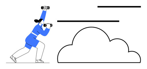 Woman stands with binoculars, scanning the horizon, facing a large cloud and minimal abstract lines. Ideal for exploration, vision, innovation, discovery, analysis forecasting leadership. Flat