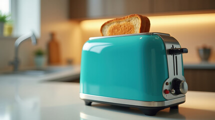 Turquoise retro-style toaster with golden toast emerging on polished countertop, featuring glossy finish and metal accents in a warm kitchen setting with soft diffused lighting.