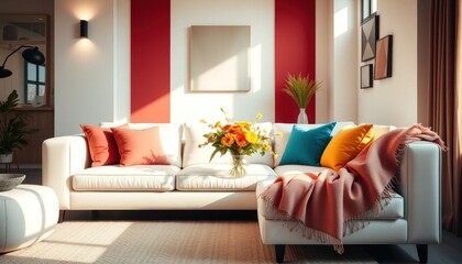 Elegant living room with vibrant accents and warm natural light creating a welcoming home interior ambiance