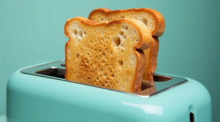 Turquoise retro-style toaster with golden toast emerging on polished countertop, featuring glossy finish and metal accents in a warm kitchen setting with soft diffused lighting.