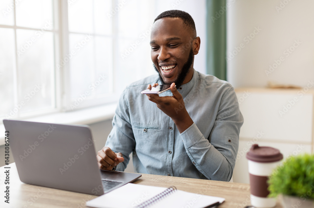 Poster african businessman with smartphone using voice assistant app or loudspeaker talking holding phone n