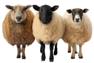 Three fluffy sheep different colors farm animals wool cute lamb soft calm on transparent background