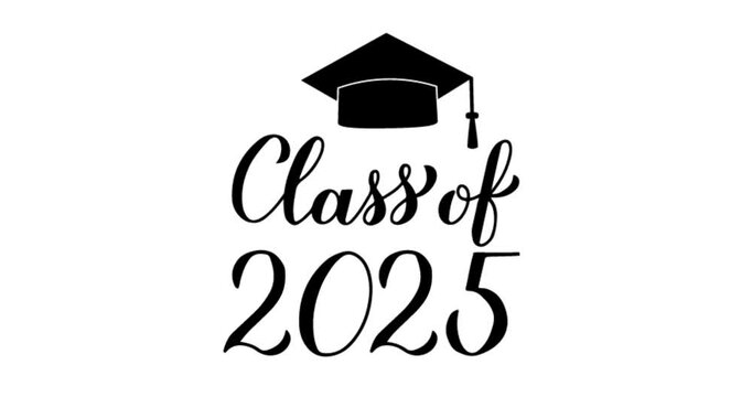 Class of 2025 animation lettering with graduation cap on white background. Congratulations to graduates animated lettering.