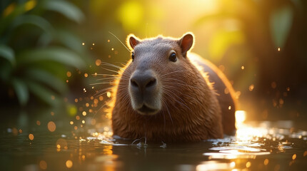 Capybara emerging from tranquil water with wet fur glistening in golden sunlight