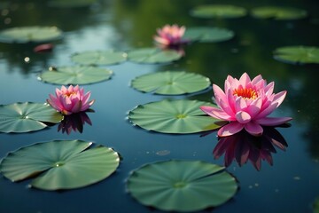 Water lilies forming a floral pattern on a calm lake's surface , aesthetic, image