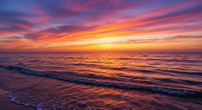 Ocean waves gently rolling onto shore under a vibrant and colorful sunset sky at the horizon line