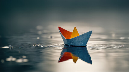 Paper boat adrift on water, carrying dreams into the unknown. Symbol of childhood, hope, and imagination in uncertain weather.