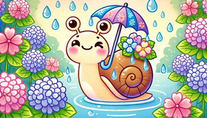 にっこりカタツムリと花傘 – 雨の中の幸せな時間