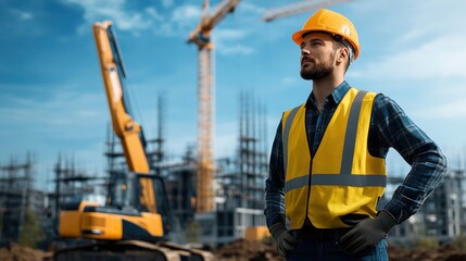 Confident Construction Worker Overseeing Site with Machinery in Background