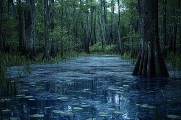 Obraz premium Cypress Swamp with Still Water and Aquatic Vegetation