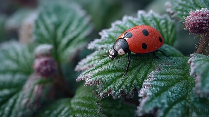 Obraz premium Red ladybug on a large green leaf on a background of grass and other leaves