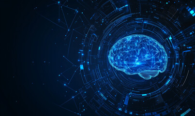 Obraz premium Abstract futuristic background with blue brain and circuit board elements, technology concept a dark blue banner